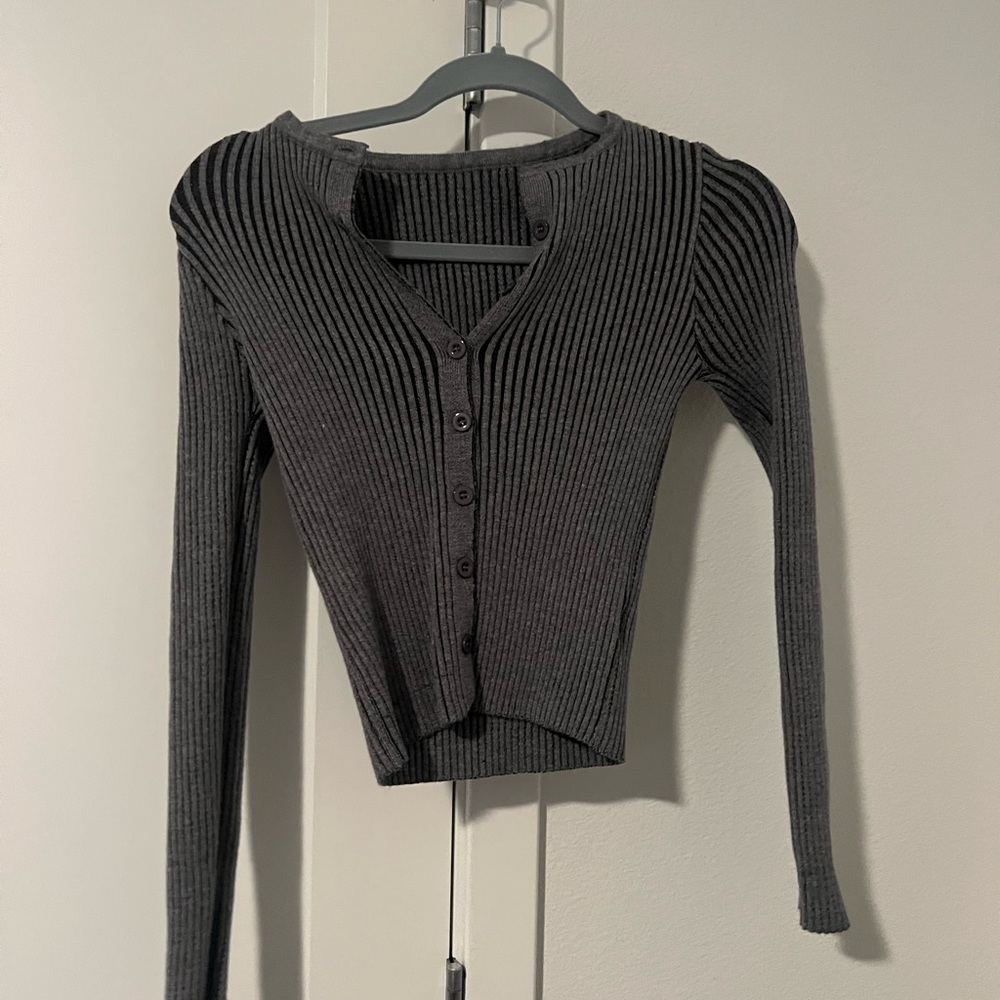 Gray Ribbed Long Sleeve Cardigan